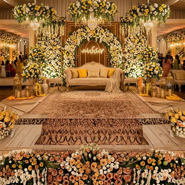 Gold and cream stage with a floral backdrop and central sofa